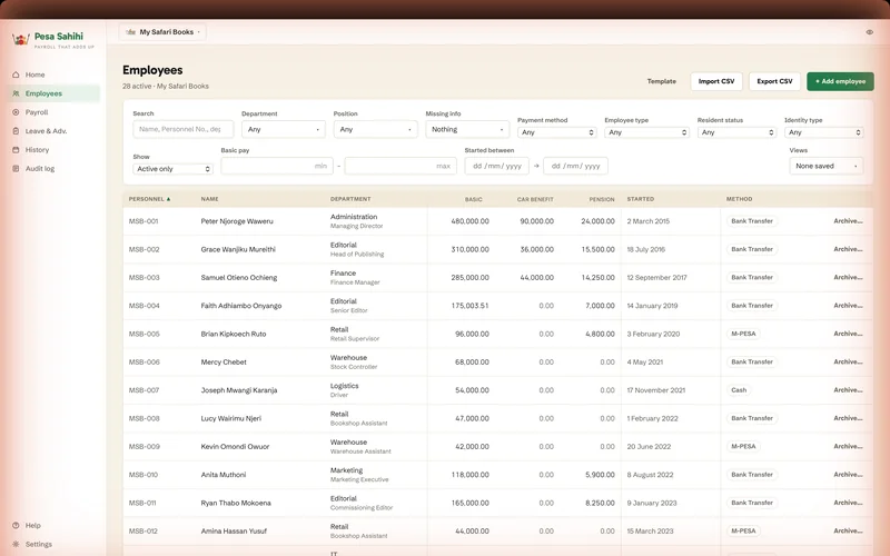 The employee list, filtered and sorted: personnel number, name, department and position, basic pay, car benefit, pension, start date and payment method, with buttons to import or export the roster as CSV.