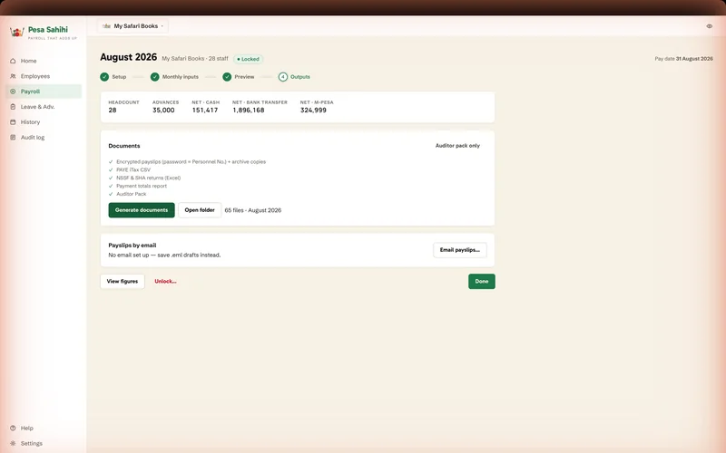 The outputs screen once generation has finished: every document type ticked off, with a button to open the folder they were written to.